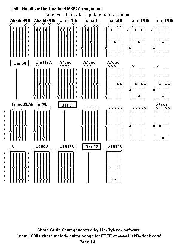 Chord Grids Chart of chord melody fingerstyle guitar song-Hello Goodbye-The Beatles-BASIC Arrangement,generated by LickByNeck software.